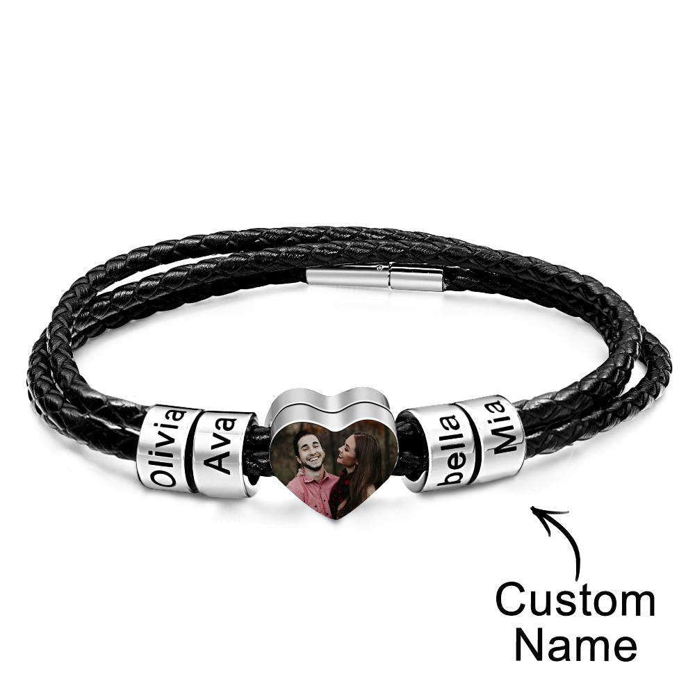 Custom Photo Name Bracelet Weave Leather Gift for Dad
