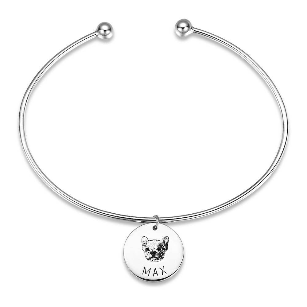 Photo Portrait Bangle with Engraving Round Shape, Custom Portrait Jewellery Platinum Plated - Silver