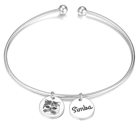 Photo Engraved Bracelet, Personalized Pet Portrait Bracelet Platinum Plated - Silver
