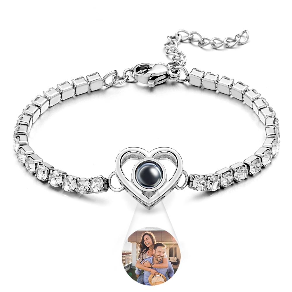 Custom Photo Projection Bracelet Fashionable All Diamonds Heart Shaped Charm Bracelet Gifts For Her