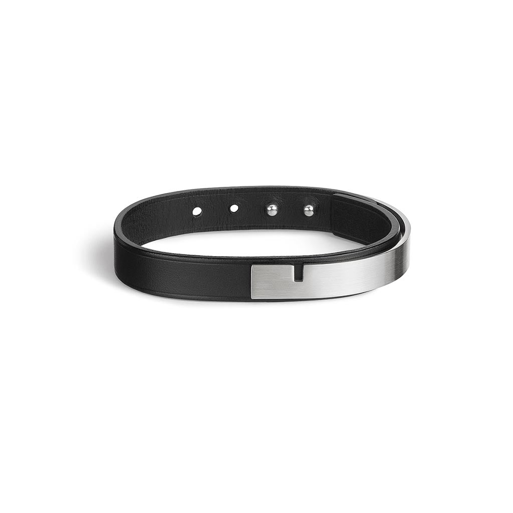 U-Turn Simple Black Leather Bracelet - Matte Steel