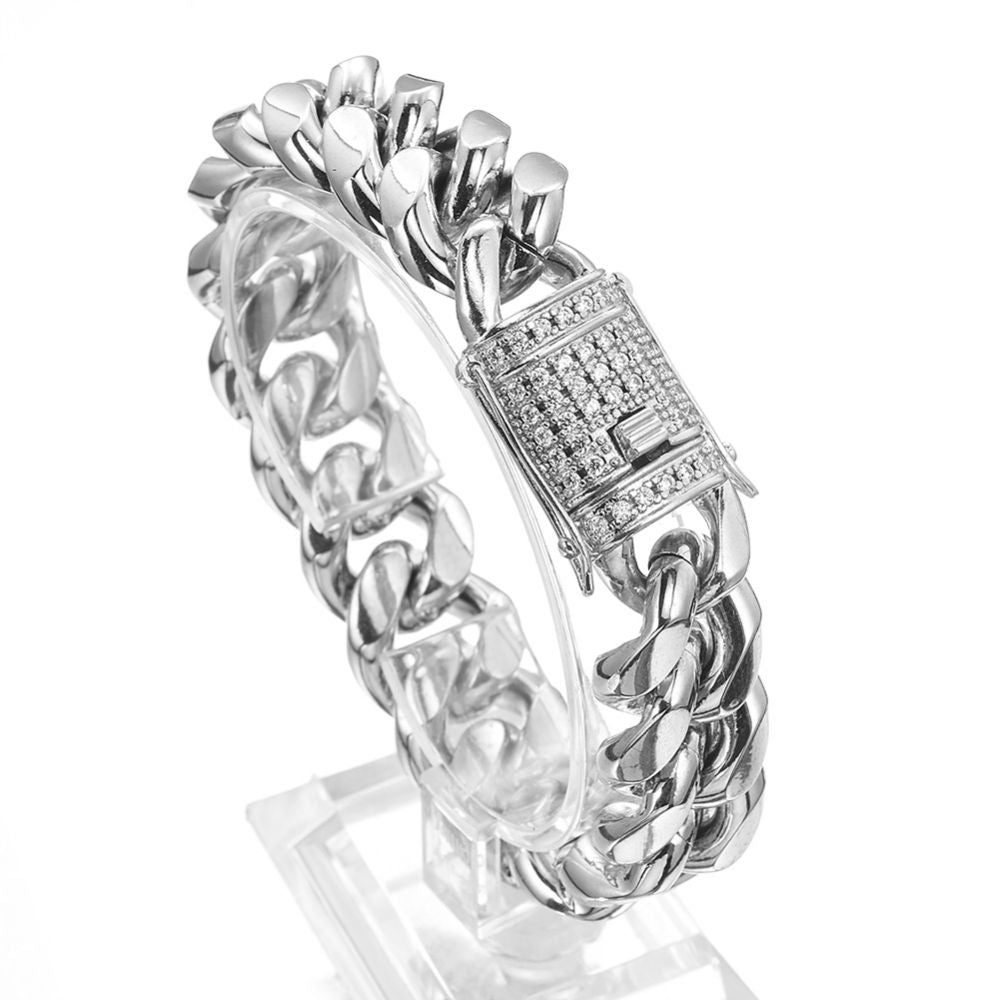 Hip Hop Bracelet Micro Paved White Zircon Cuban Chain Bracelet For Men