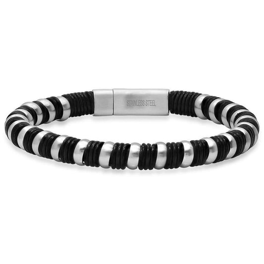Men's Black Leather and Stainless Steel Braided Bracelet