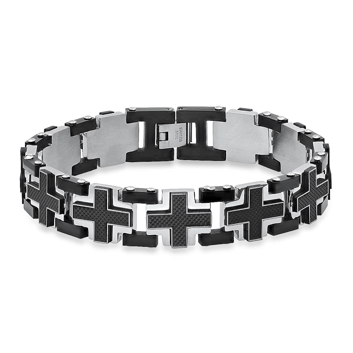 Men's Two Tone Black IP Stainless Steel and Black Carbon Fiber Cross Links Bracelet