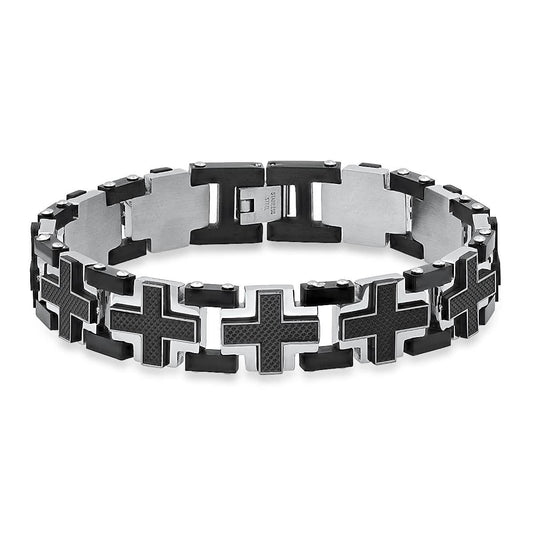 Men's Two Tone Black IP Stainless Steel and Black Carbon Fiber Cross Links Bracelet