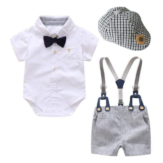 Boy's Clothing KB8034  Plaid hat / 24M White Shirt & Suspender Shorts