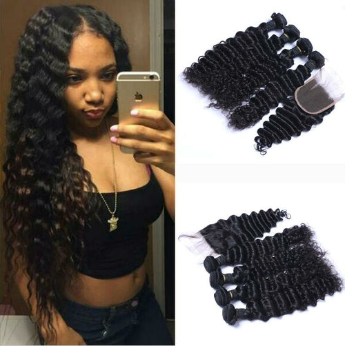 Brazilian Deep Wave Curly Hair 3 Bundles with Closure Free Middle 3