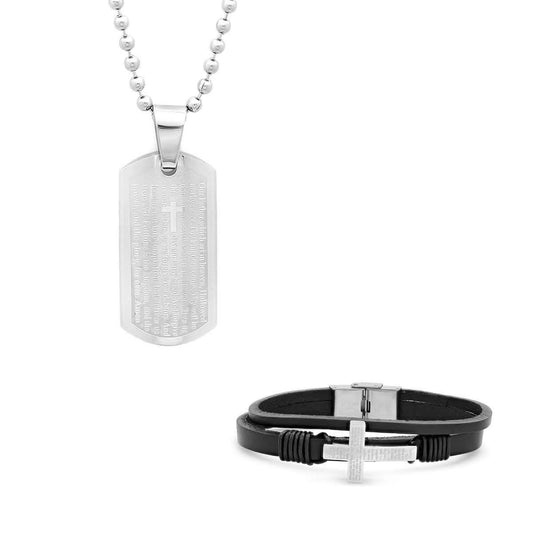 Stainless Steel Our Father Prayer Leather Bracelet and Dog Tag Pendant