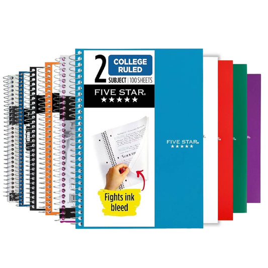 Mead - Five Star Spiral Notebooks, College Ruled 2 Subject, Color Variety - 120 Sheets - 12 Pack